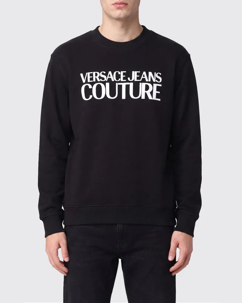 Versace Jeans Zweifarbiges Baumwoll-Sweatshirt mit Rundhalsausschnitt Schwarz