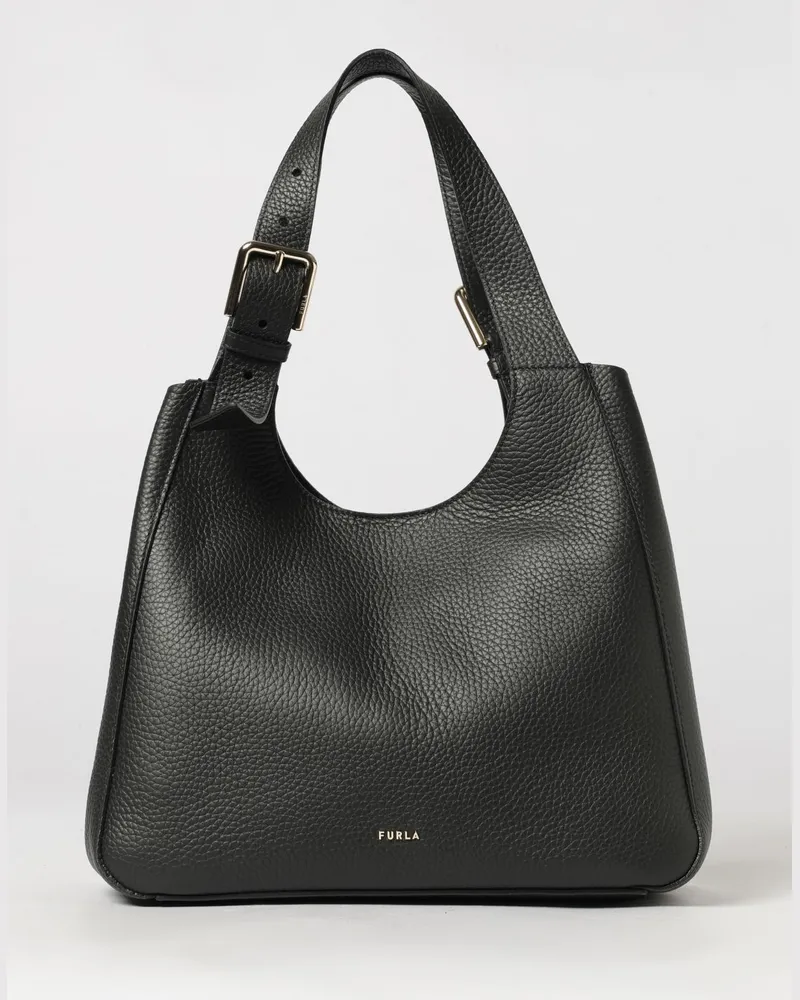 Furla Dora mittelgroße Schultertasche aus gehämmertem Leder mit Karabinerverschluss Schwarz