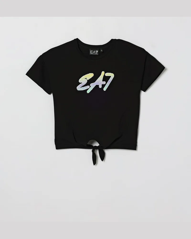 EA7 Kurzes T-Shirt aus Stretch-Baumwolle Schwarz