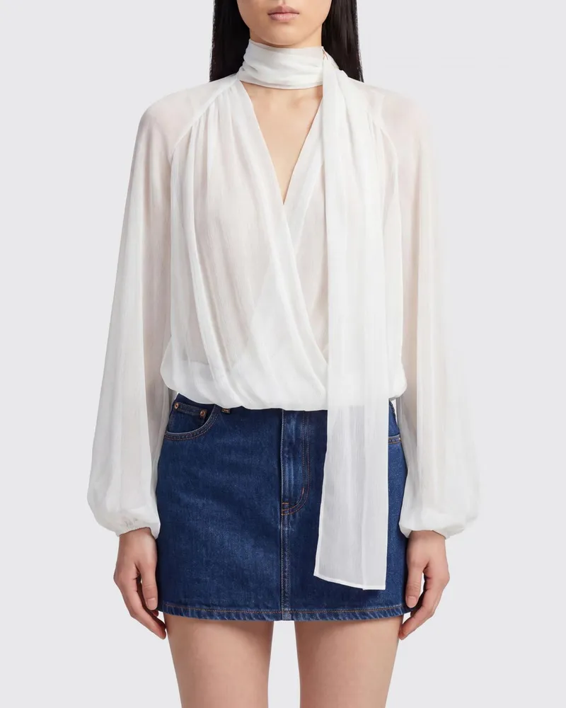 Elisabetta Franchi Drapierte Crêpe-Bluse mit Schalkragen und V-Ausschnitt Weiß