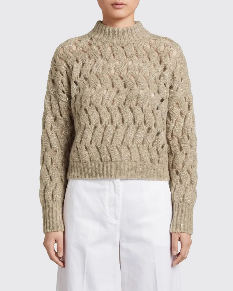 Brunello Cucinelli Pullover mit Rundhalsausschnitt aus durchbrochener Mohairwolle mit Pailletten Beige