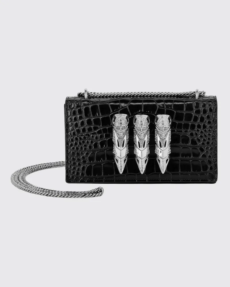 Philipp Plein Clutch aus Krokoprägung Leder mit Strassring Schwarz