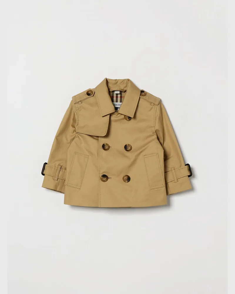 Burberry Doppelreihiger Baumwoll-Trenchcoat für Jungen mit Check-Futter Sand