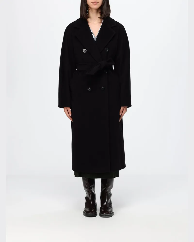 Max Mara Langer zweireihiger Wollmantel Madame mit Gürtel Schwarz