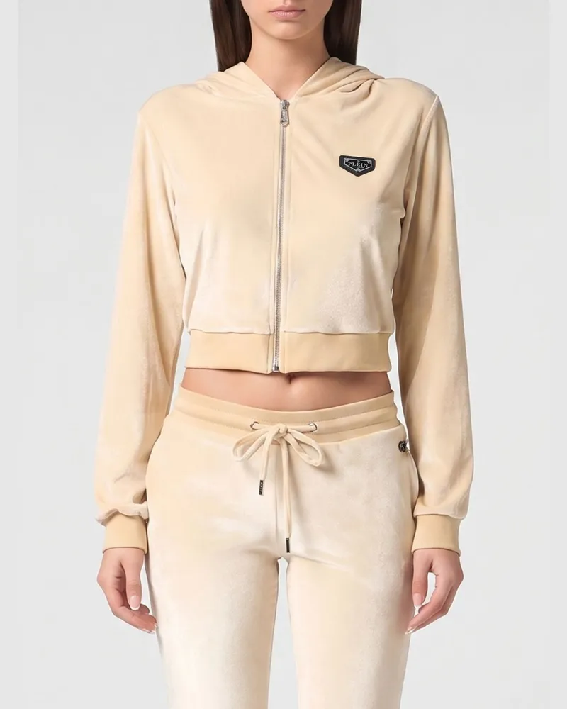 Philipp Plein Cropped-Samt-Kapuzenjacke mit Reißverschluss und Totenkopf-Strass Beige
