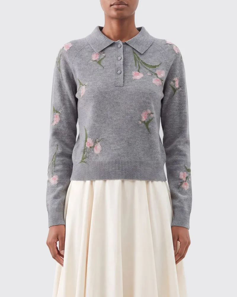 Erdem Langärmeliges Wollstrick-Polohemd mit Blumenmuster Grau
