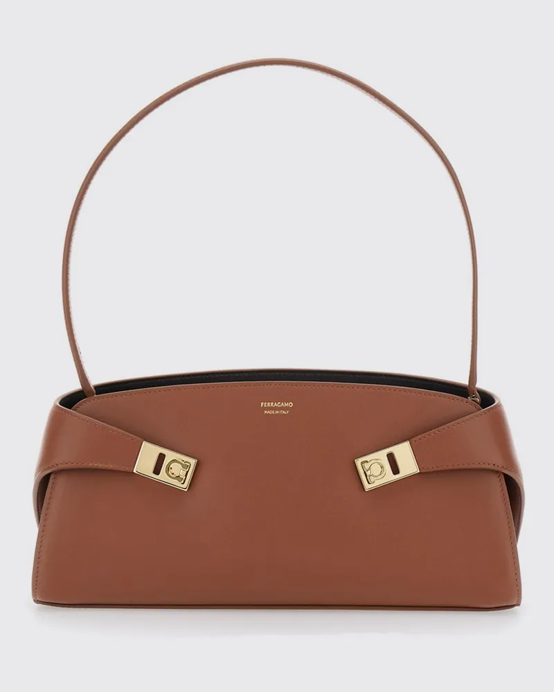 Ferragamo Hug East-West Schultertasche aus glattem Kalbsleder mit Reißverschluss Braun
