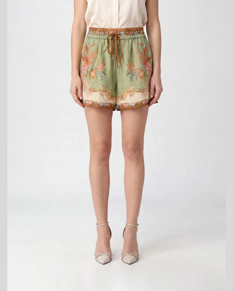 Zimmermann Weit geschnittene Seidenshorts von mit Grafikdruck und Kordelzug in der Taille Kaki