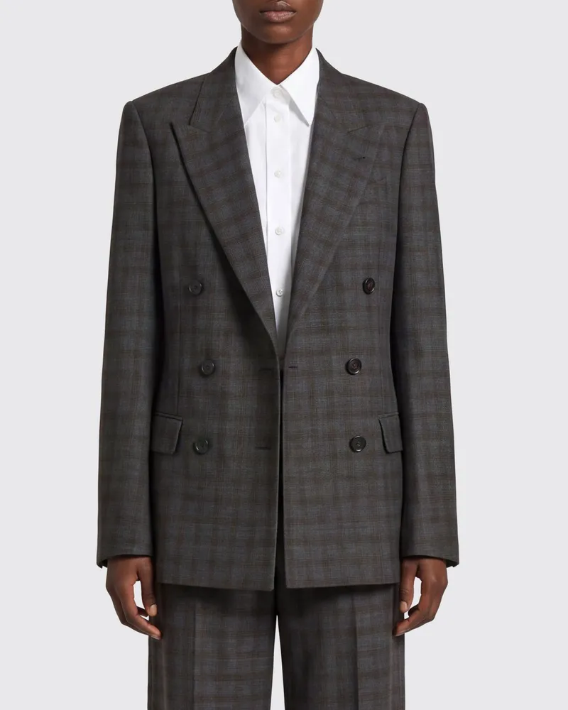Dries van Noten Zweireihiger Blazer aus Wolle mit Prince-of-Wales-Karo und Revers Grau