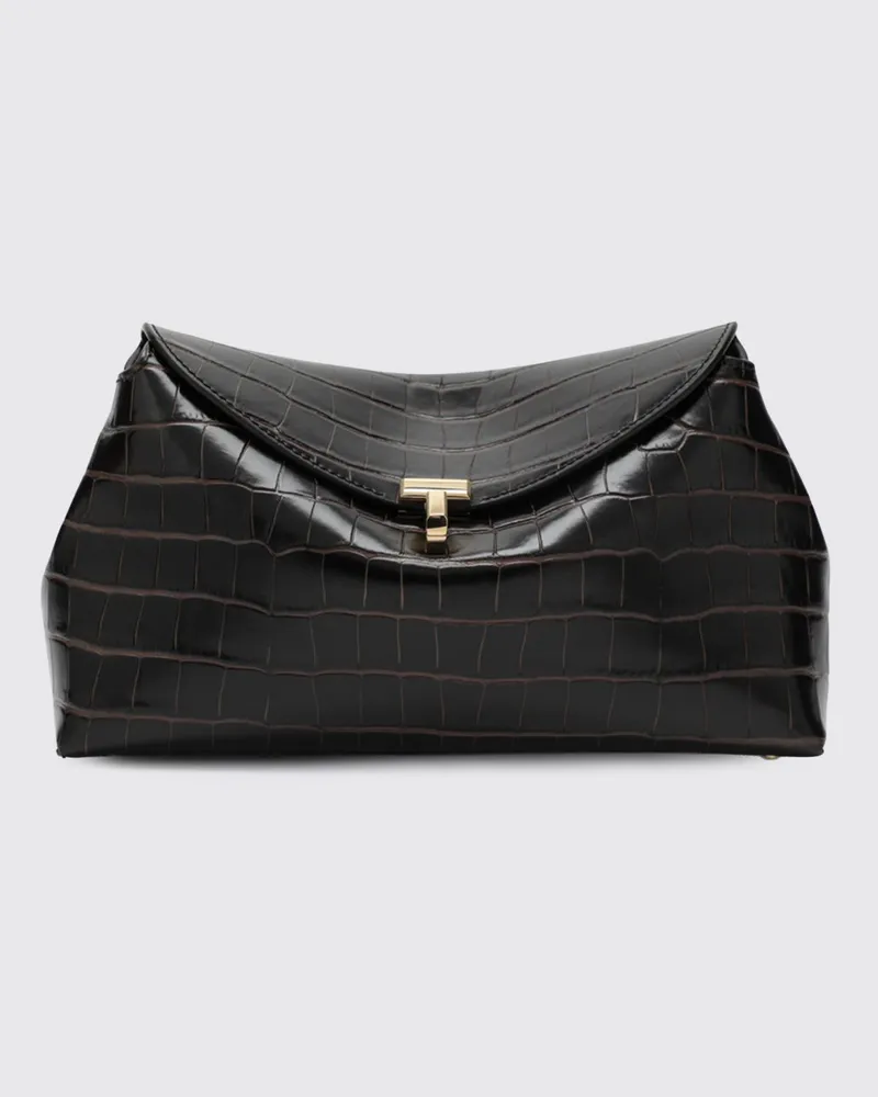 Totême T-Lock Clutch aus Leder in Kroko-Optik mit Monogramm-Logo Braun