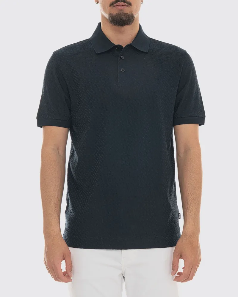 HUGO BOSS Jacquard-Poloshirt aus Baumstrick mit geripptem Kragen Blau