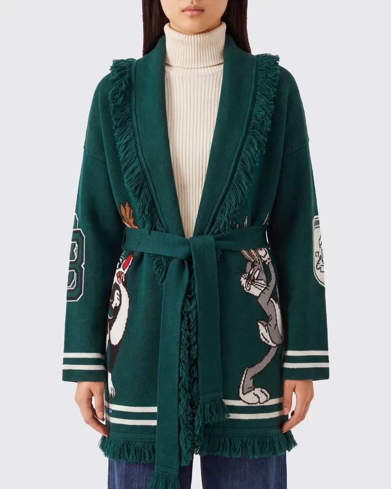 Alanui Wickelcardigan aus Schurwolle mit Disney-Print und Fransen Grün