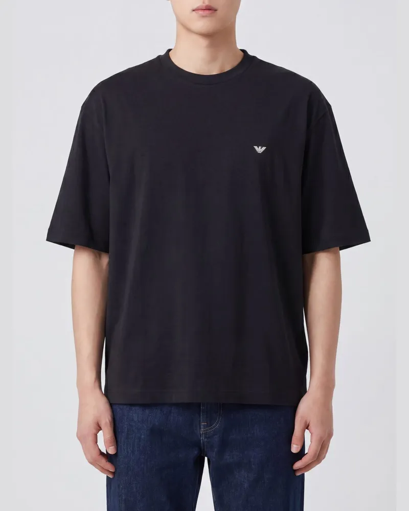 Emporio Armani Relaxed Fit Baumwoll-T-Shirt mit kontrastierendem Adler-Logo Schwarz