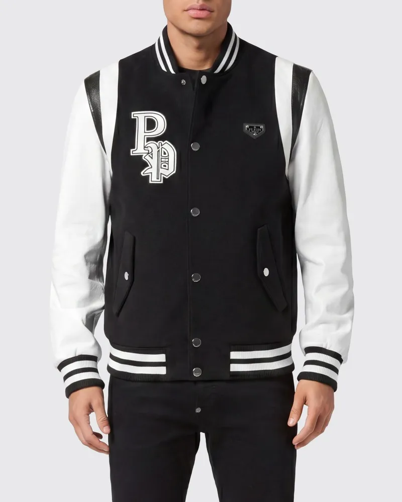 Philipp Plein Varsity-Bomberjacke aus Wollfilz mit Lederärmeln Schwarz
