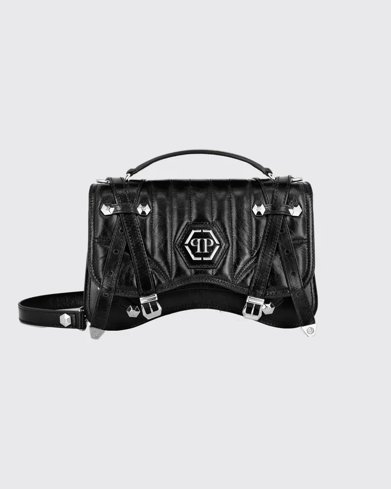 Philipp Plein Matelassé-Lederhandtasche mit Hexagon-Logo und Nieten Schwarz
