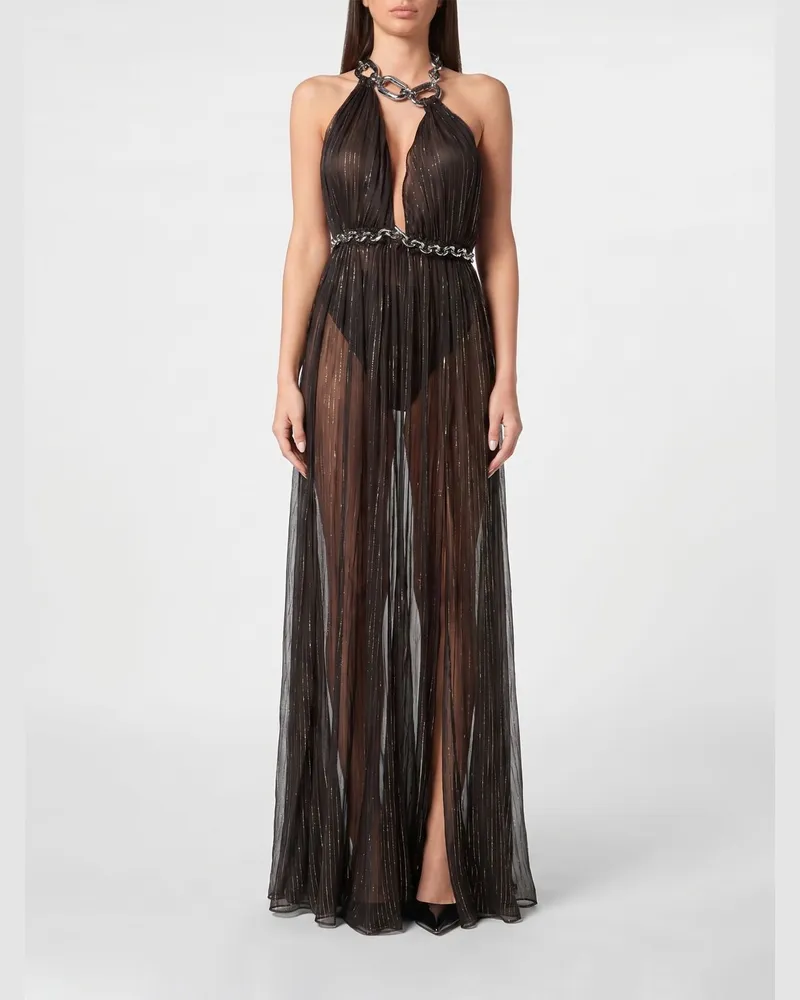 Philipp Plein Langes Abendkleid aus Chiffon mit Neckholder und Schlitz Schwarz