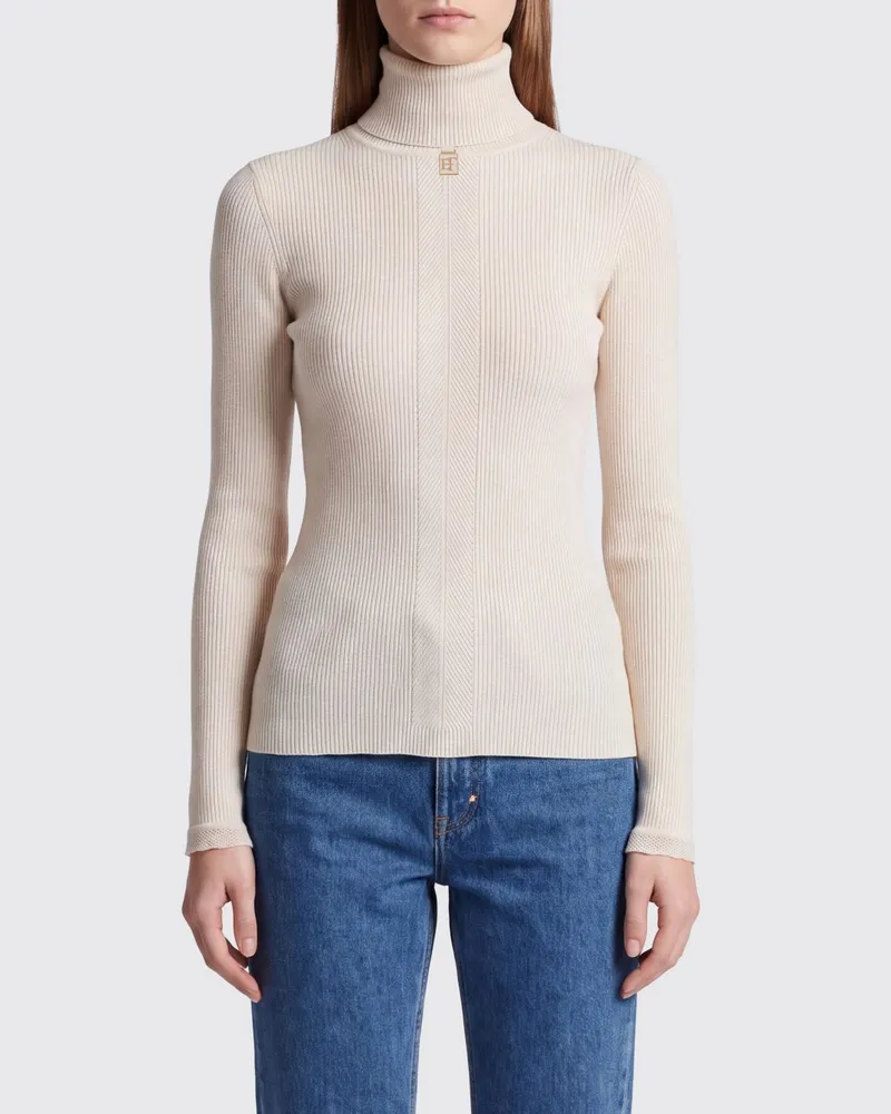 Elisabetta Franchi Slim-Fit-Rollkragenpullover aus geripptem Viskosestrick mit Logo Weiß