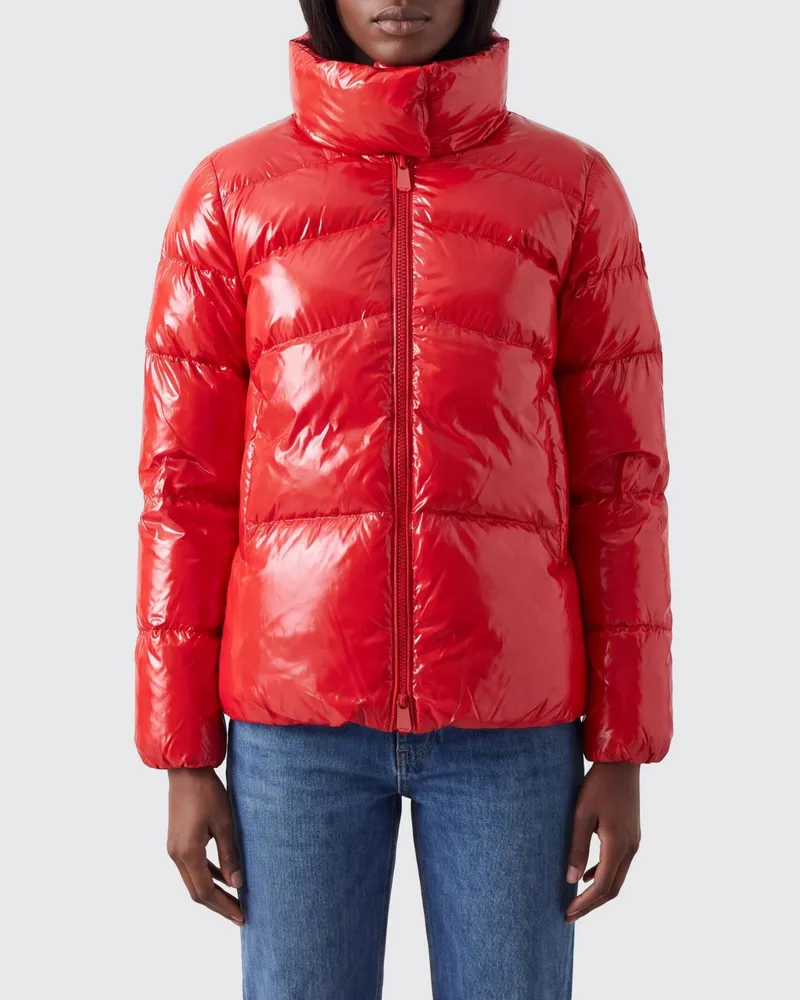 Pinko Kurze, gesteppte, wasserabweisende Nylon-Daunenjacke mit Stehkragen Rot