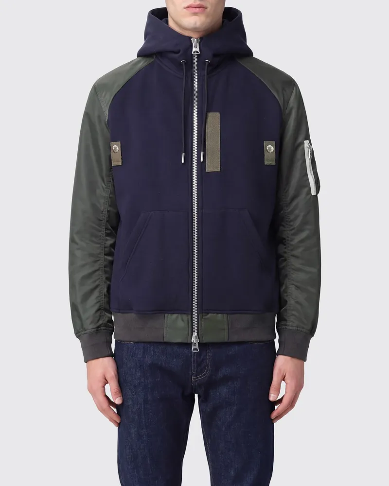 Sacai Zweifarbige Kapuzenjacke von aus Baumwolle und Nylon mit aufgesetzter Tasche Navy
