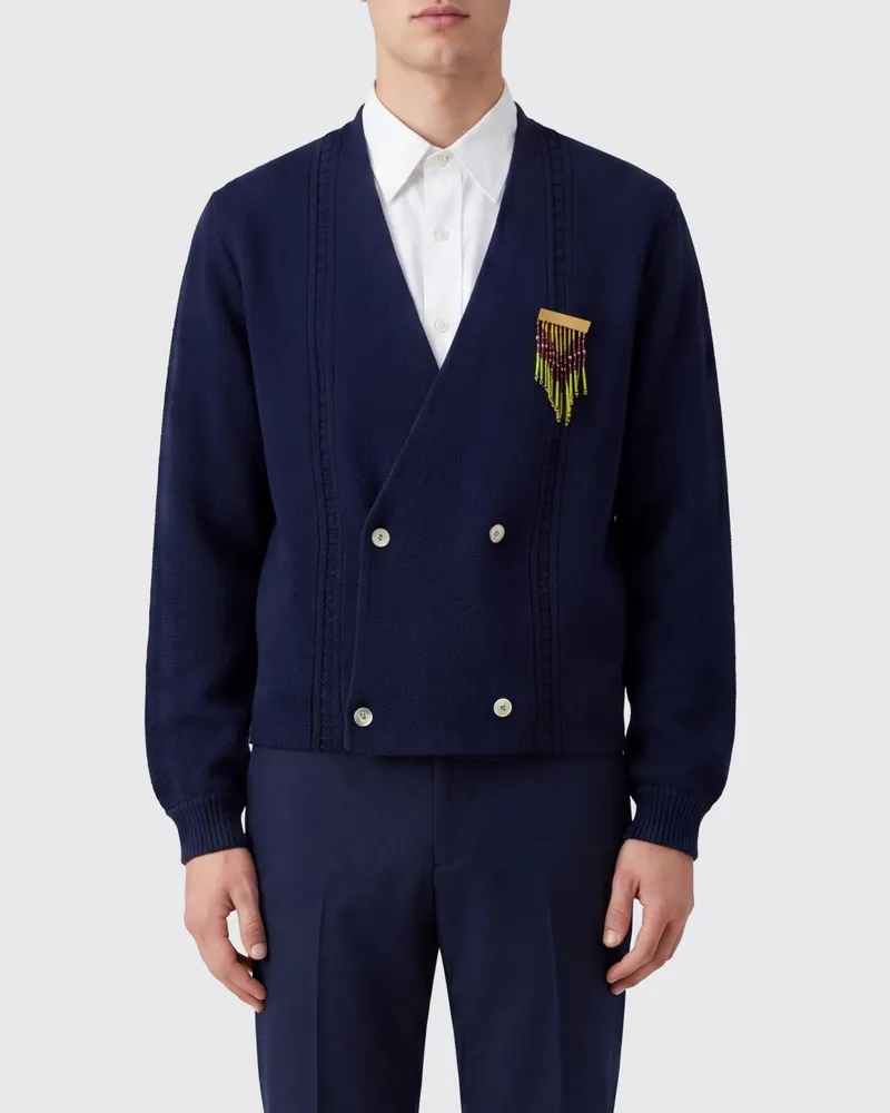 BODE Zweireihiger Cardigan aus Baumwolle mit Brosche Navy
