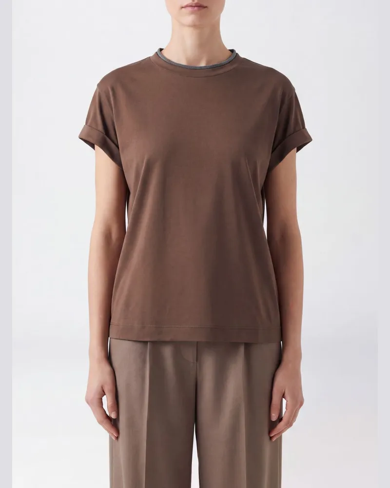 Brunello Cucinelli Stretch-Baumwoll-T-Shirt mit Rundhalsausschnitt und Monili-Stickerei Braun