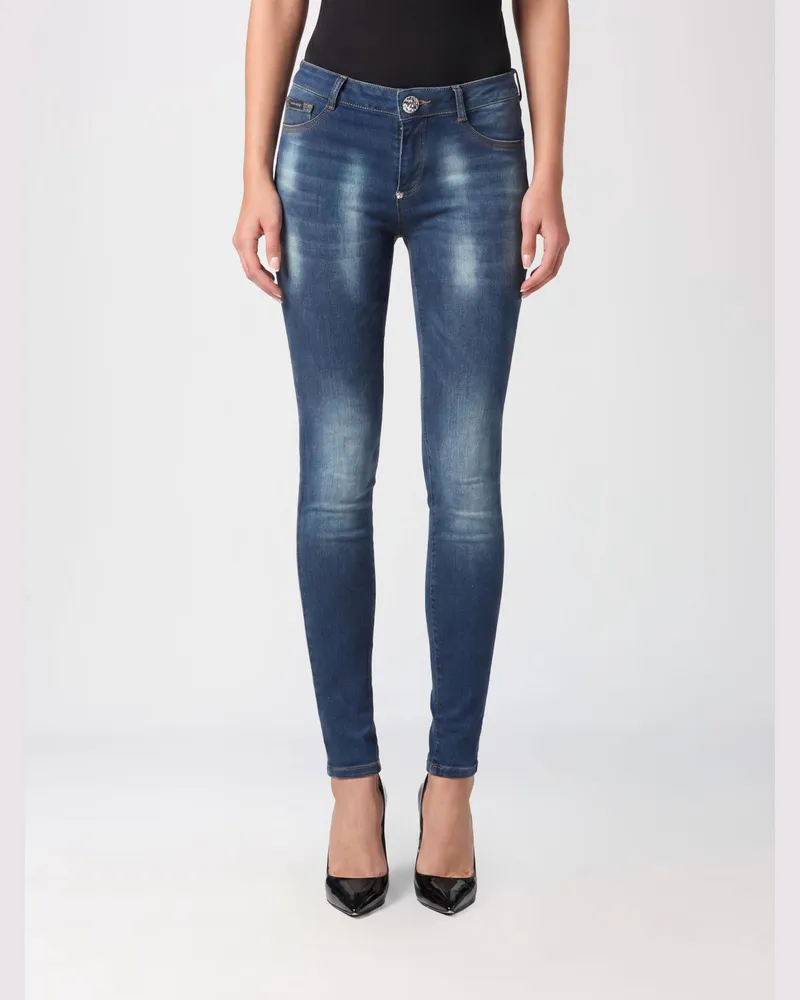 Philipp Plein Cropped Skinny-Jeans aus Stretch-Denim mit Hexagon-Logo Blau