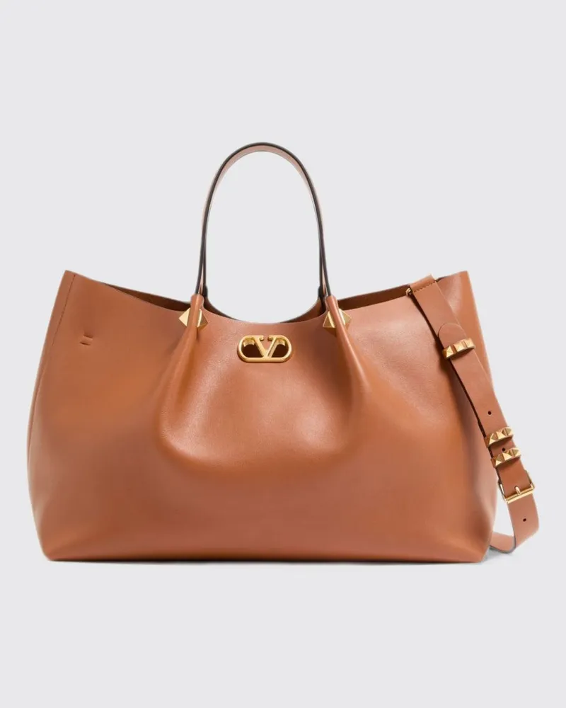 Valentino Garavani Große VLogo Signature Tote aus Glattleder mit Nieten Braun