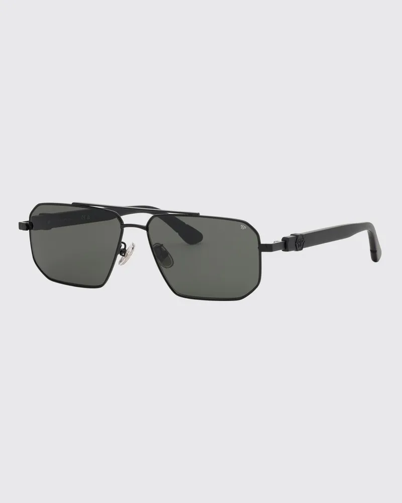 Philipp Plein Aviator-Sonnenbrille aus Metall mit Doppelsteg und Hexagon-Logo Schwarz