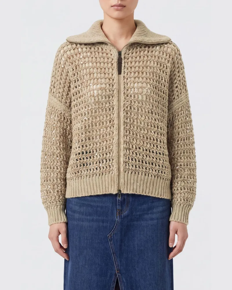 Brunello Cucinelli Strickjacke aus Wolle und Kaschmir mit Reißverschluss und überschnittenen Schultern Beige
