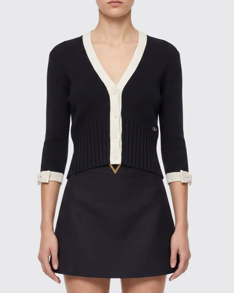 Valentino Garavani Verkürzter zweifarbiger Baumwoll-Cardigan mit VLogo Signature Schwarz