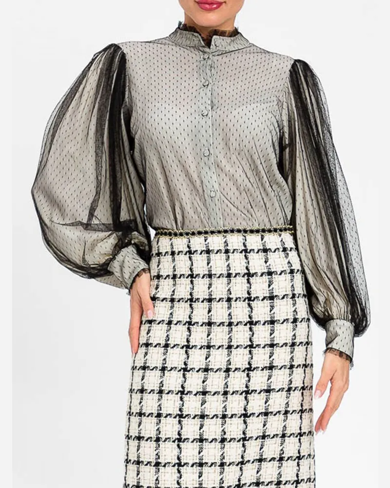 Twin-Set Bluse aus Point d'Esprit-Tüll mit Rüschenkragen und Puffärmeln Perle