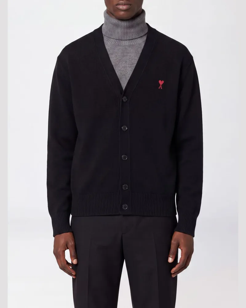 AMI Paris Woll-Cardigan mit V-Ausschnitt und kontrastierender Logo-Stickerei Schwarz