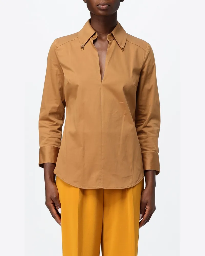 Elisabetta Franchi Slim-Fit-Hemd aus Stretch-Baumwolle mit tiefem V-Ausschnitt Braun