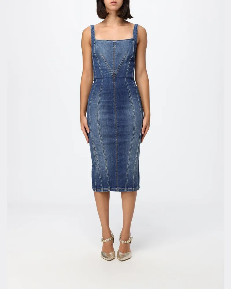 Elisabetta Franchi Midi-Etuikleid aus Baumwolldenim mit eckigem Ausschnitt Navy