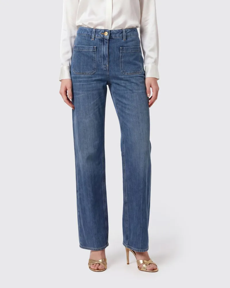 Elisabetta Franchi High-Waist-Jeans mit geradem Bein aus Stretch-Denim mit gesticktem Logo Blau