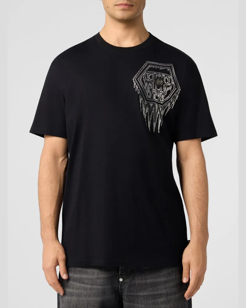 Philipp Plein Baumwoll-T-Shirt mit strassverziertem, gesticktem Hexagon-Logo Schwarz
