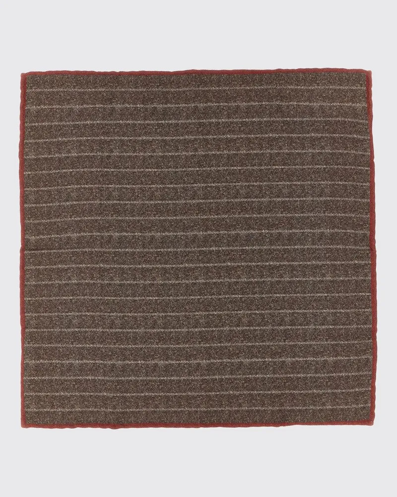 Brunello Cucinelli Gestreiftes Einstecktuch aus reiner Seide mit Logo Braun