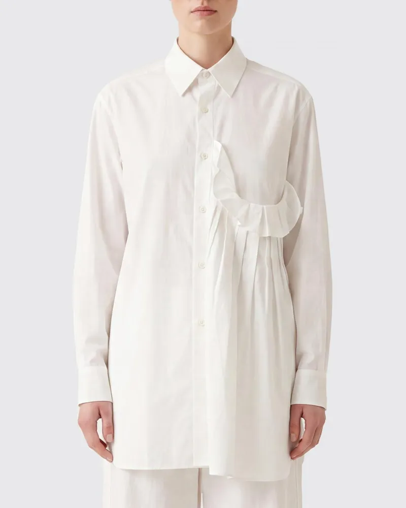 Yohji Yamamoto Langärmeliges Hemd aus Baumwollpopeline mit Rüschen und Stickerei Weiß