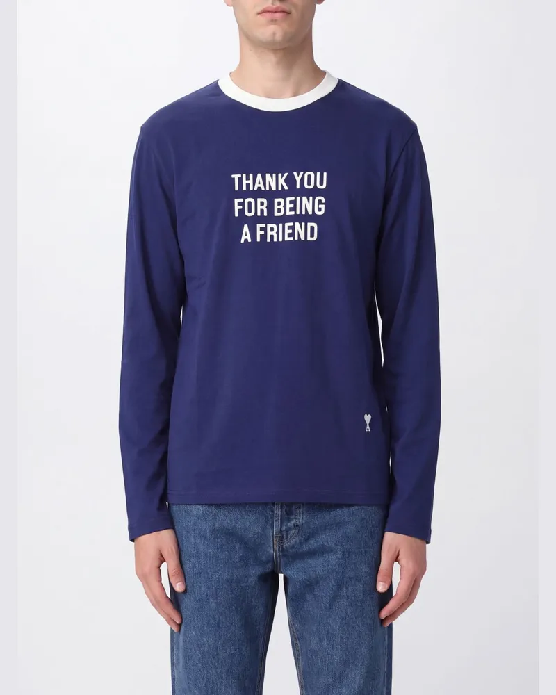 AMI Paris Langärmeliges Baumwoll-T-Shirt mit Grafikdruck Blau