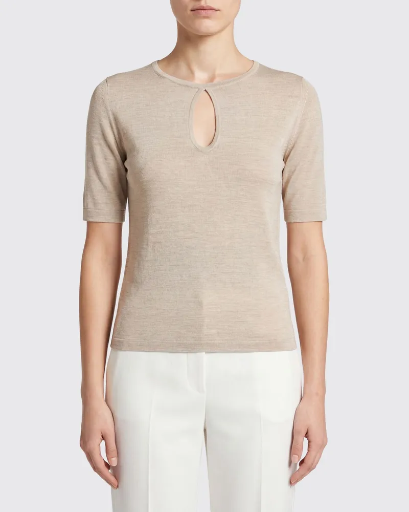 Max Mara Slim-Fit-Top aus reiner Seide mit kurzen Ärmeln und Rundhals Beige