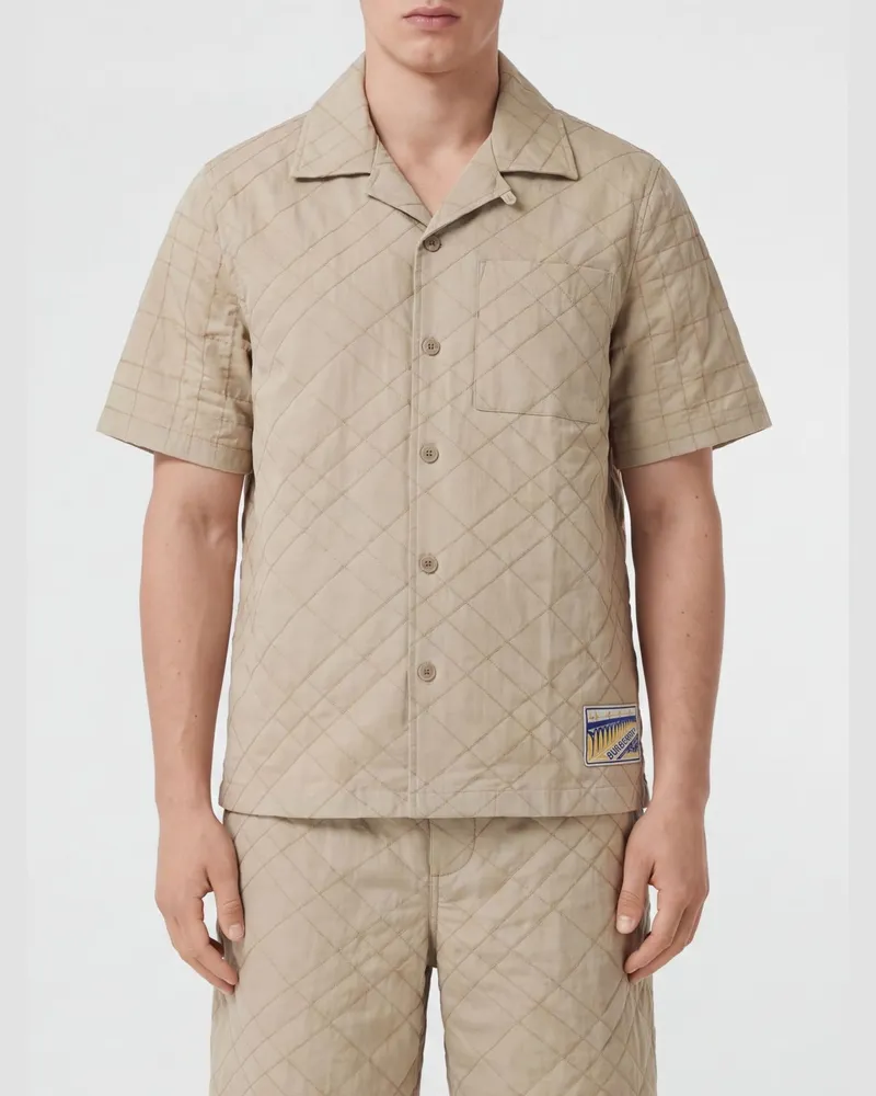 Burberry Kurzärmeliges Baumwollhemd von mit Kubakragen und aufgesetzter Tasche Beige