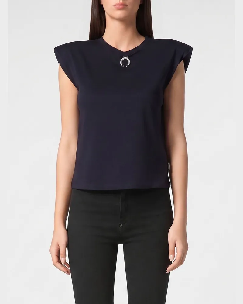 Philipp Plein Jersey-Tanktop mit Rundhalsausschnitt und gepolsterten Schultern Blau