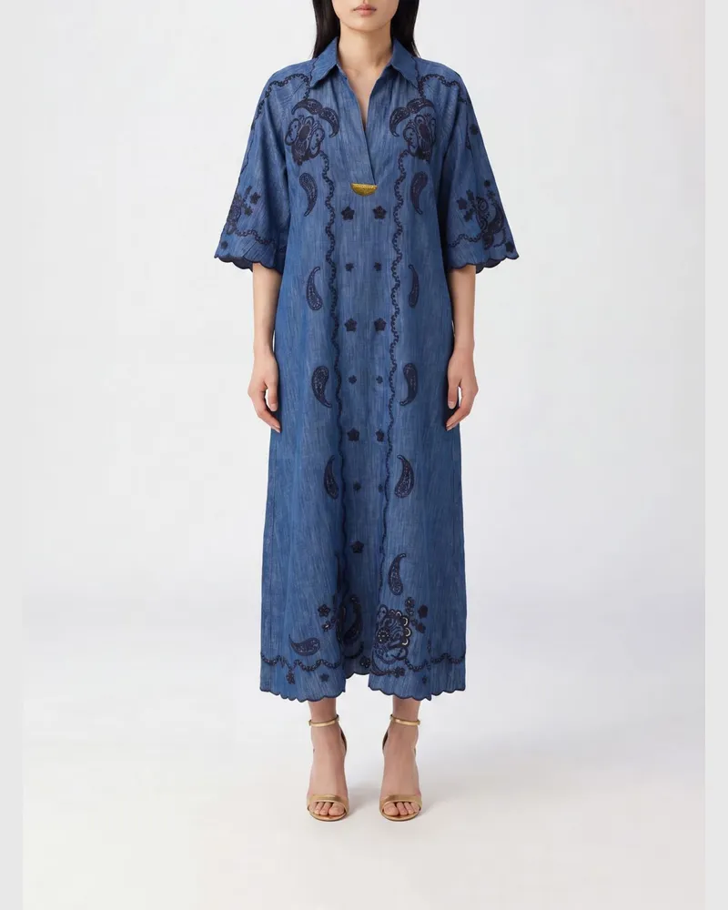 Zimmermann Langes besticktes Aster Chemisier-Kleid aus Baumwoll-Denim Blau