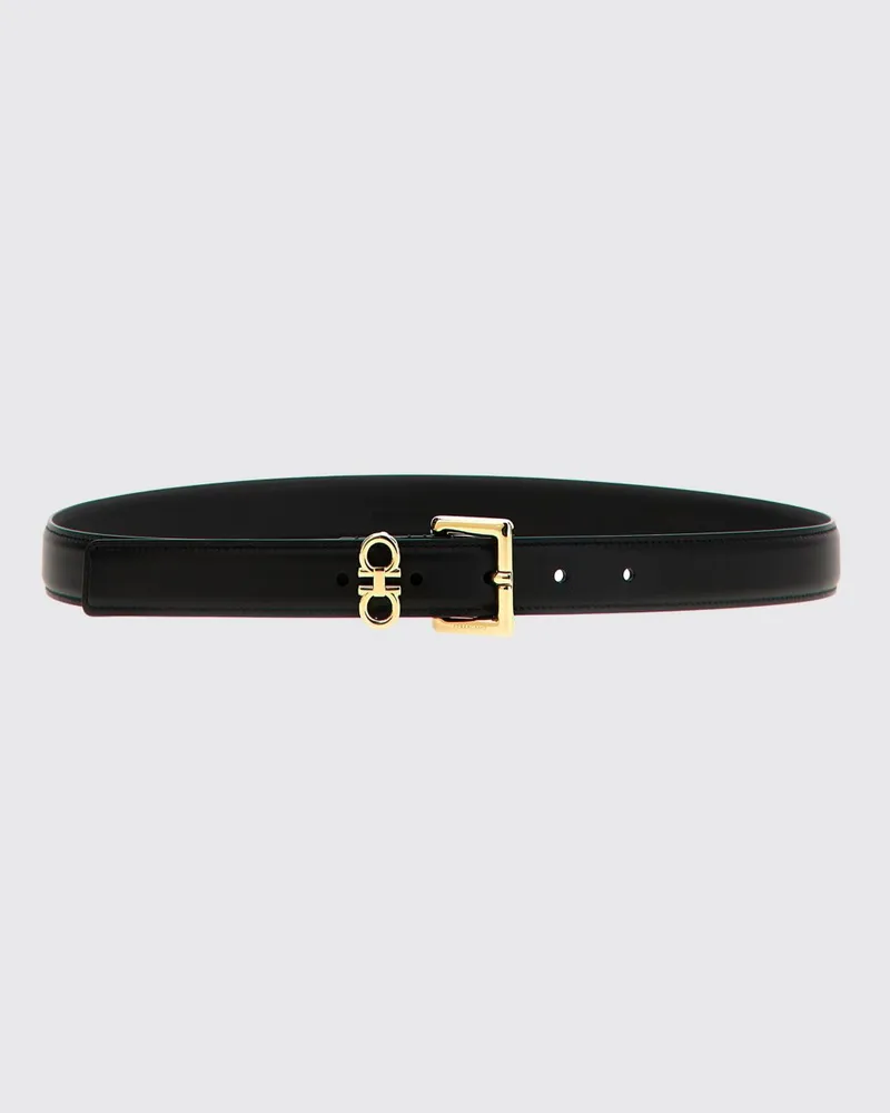 Ferragamo Double Gancini Kalbsledergürtel mit Dornschließe Schwarz
