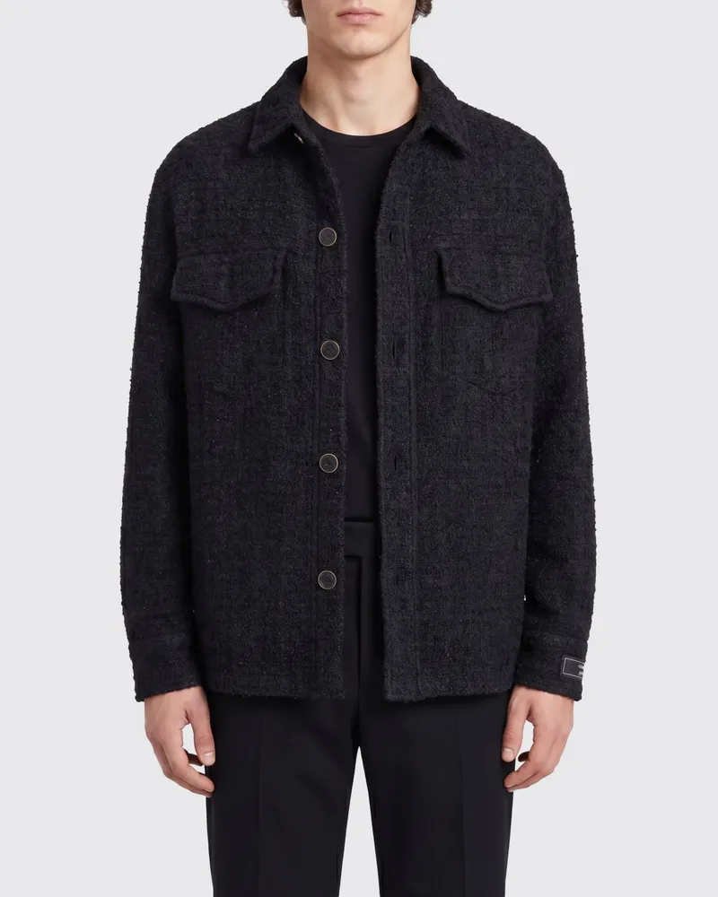 Balmain Hemdjacke aus Baumwollmisch-Tweed mit aufgesetzten Taschen Schwarz