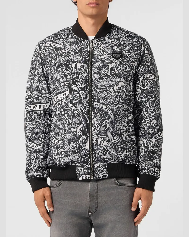 Philipp Plein Nylon-Bomberjacke mit Allover-Monogramm und Totenkopf-Print Schwarz