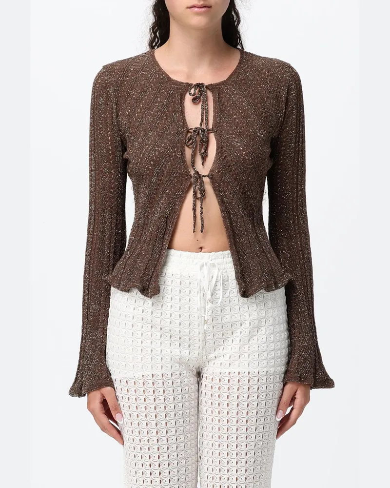 Twin-Set Cardigan aus Leinenmischung mit Rundhalsausschnitt und Bindevreschluss Braun
