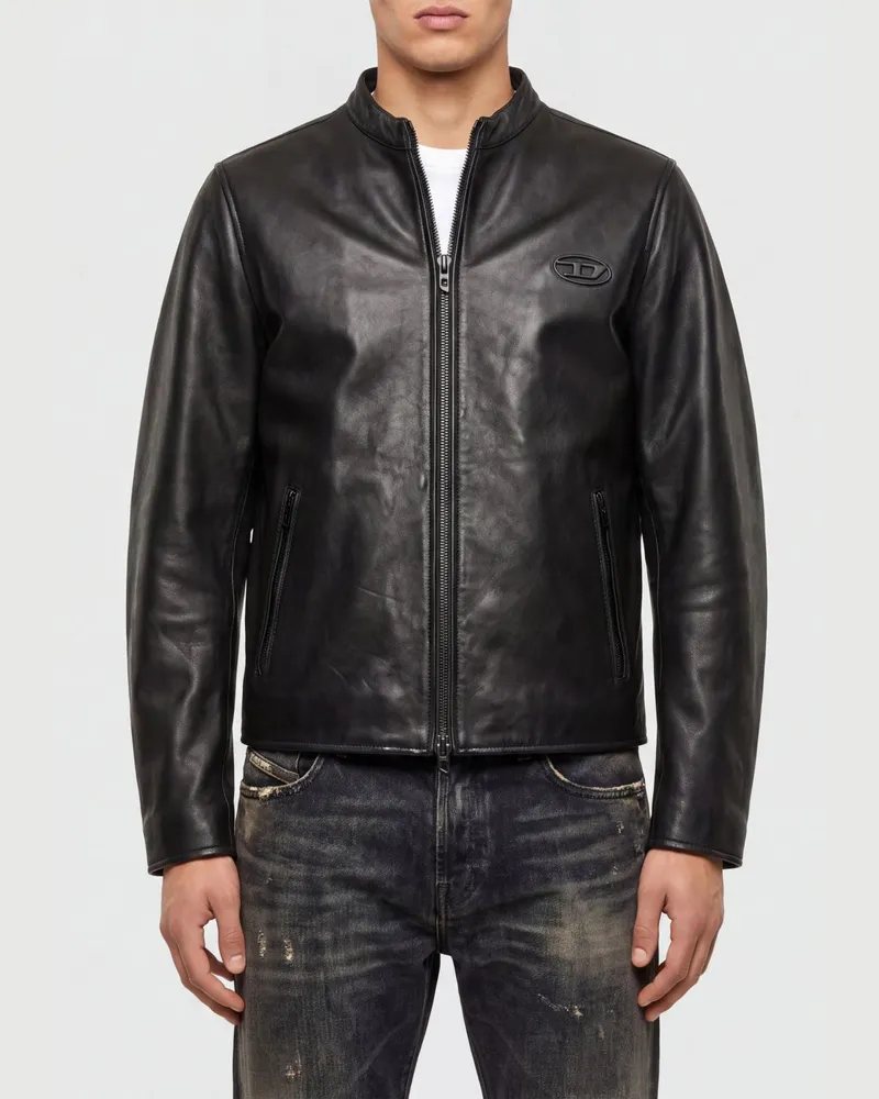 Diesel Jacke aus glattem Lammleder mit Rundhalsausschnitt und Oval D-Logo Schwarz