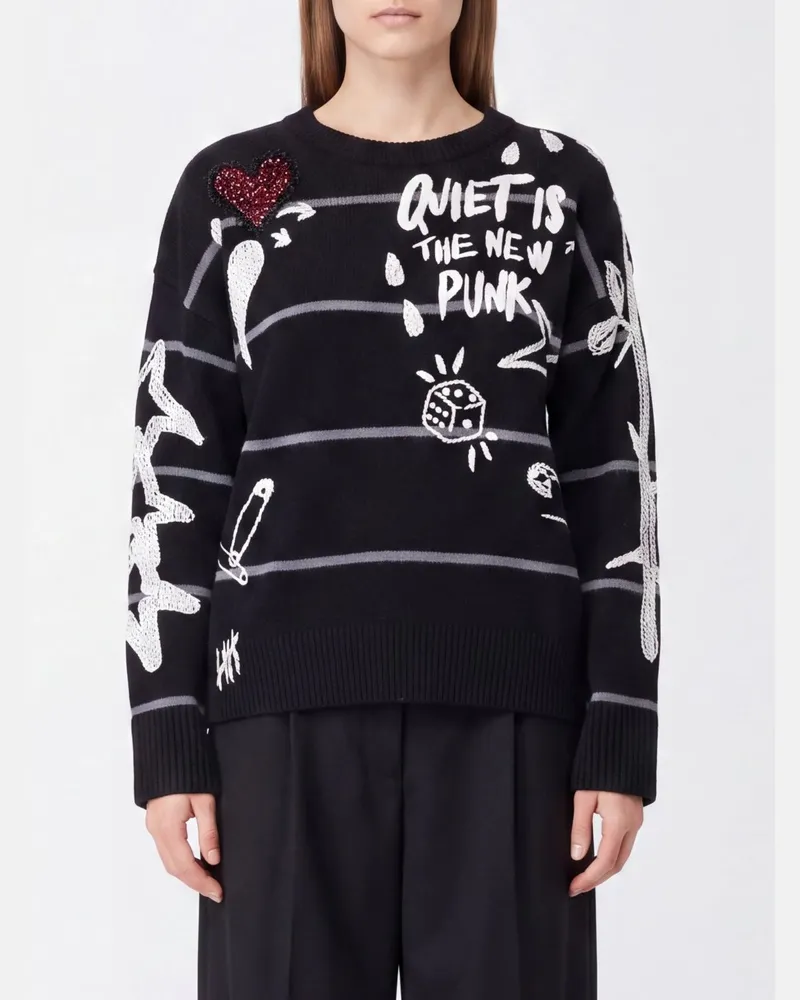 Pinko Gestreifter Andros-Pullover mit Rundhalsausschnitt, gesticktem Slogan und Kristallen Schwarz