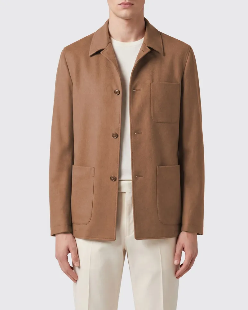 Canali Einreihiger Kurzmantel aus Schurwolle mit aufgesetzten Taschen Camel
